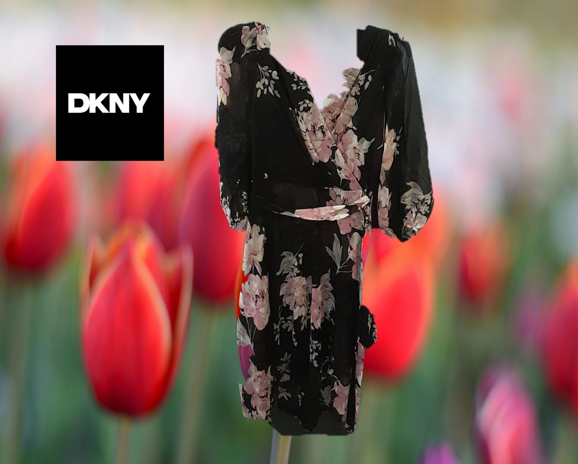 VESTIDO NEGRO LARGO CON ESTAMPADO FLORAL Y MANGA LARGA DKNY