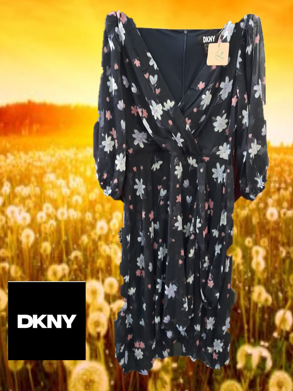 VESTIDO LARGO AZUL MARINO DE GASA CON ESTAMPADO FLORAL Y MANGA LARGA DKNY
