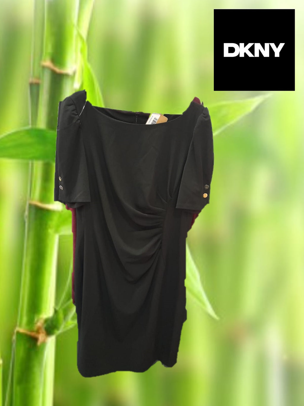 VESTIDO NEGRO MIDI MANGA CORTA CON DETALLES DE BOTONES DORADOS DKNY