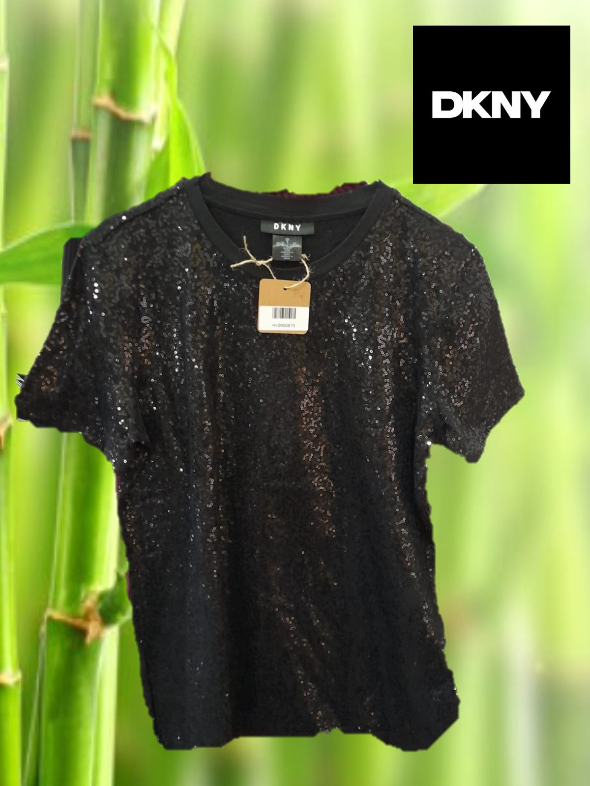 CAMISETA MUJER NEGRA MANGA CORTA CON LENTEJUELAS DKNY