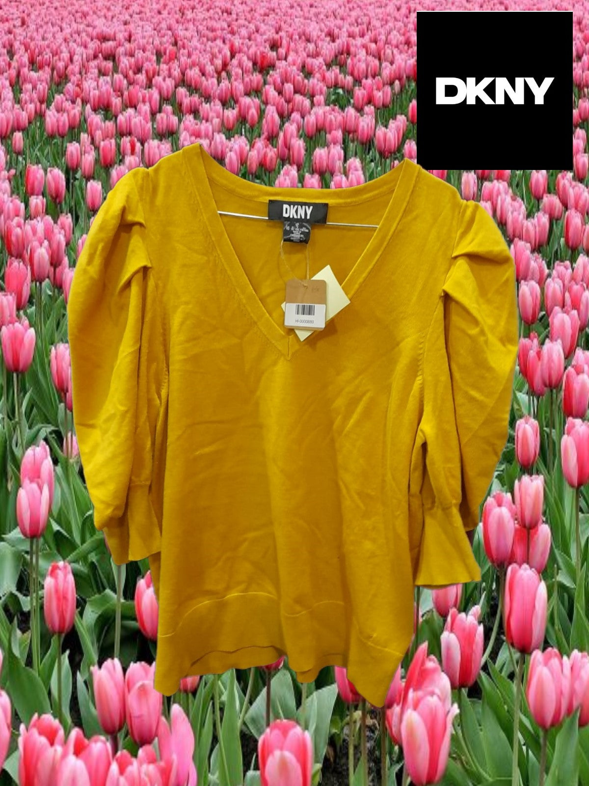 JERSEY MUJER MOSTAZA MANGA FRANCESA ABULLONADA DKNY( TARA ROTURA PARTE BAJA )