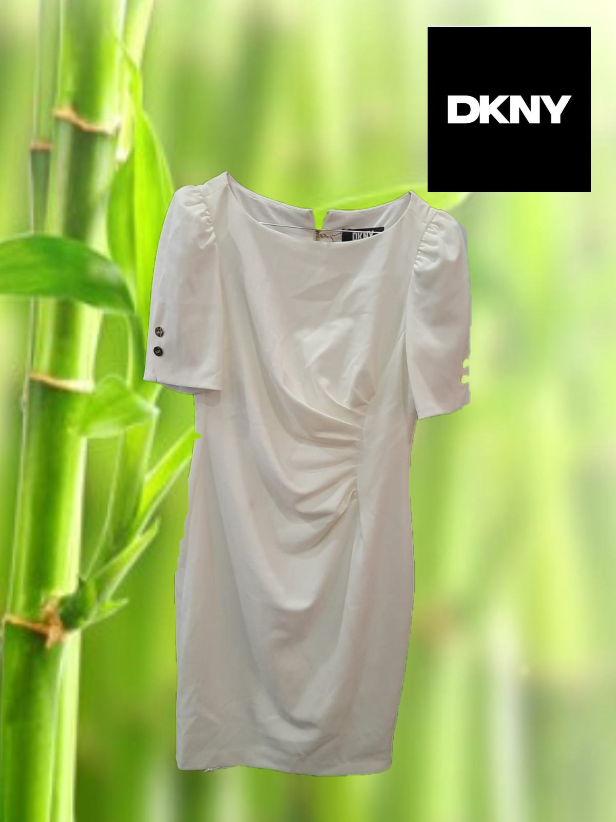 VESTIDO BLANCO MIDI MANGA CORTA CON DETALLES DE BOTONES DORADOS DKNY ( TARA PEQUEÑO ENGANCHE ZONA CINTURA)