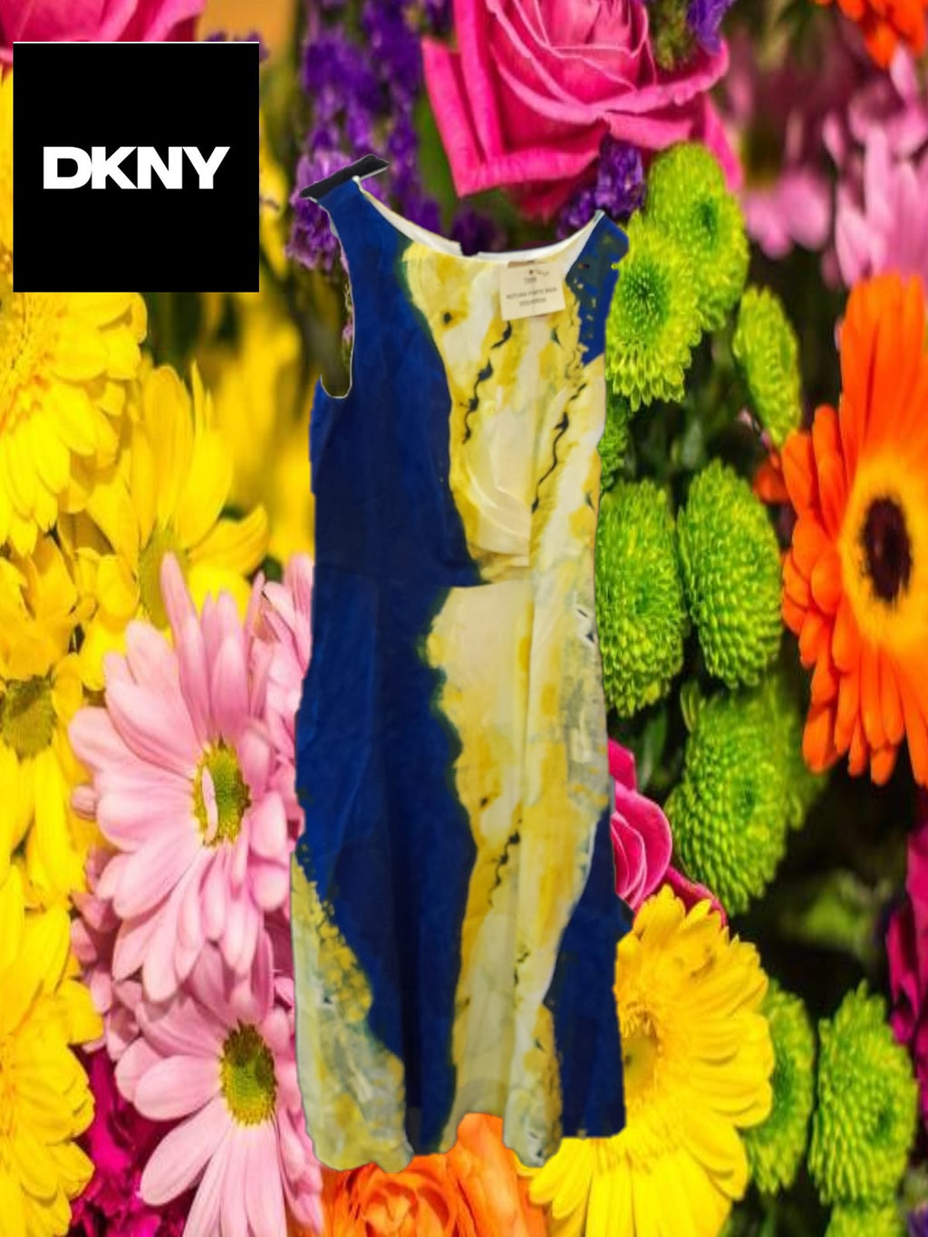 VESTIDO LARGO SIN MANGAS AZUL Y ESTAMPADO AMARILLO DKNY ( ROTURA PARTE BAJA IZQUIERDA )