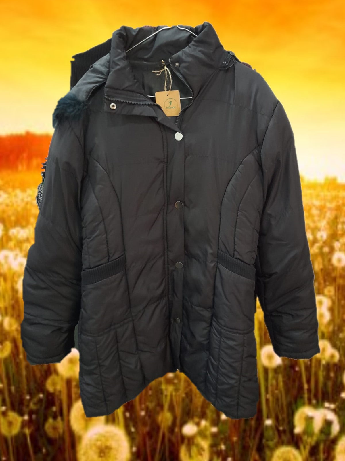 ABRIGO MUJER NEGRO MIDI IMPERMEABLE CON CAPUCHA CON PELO