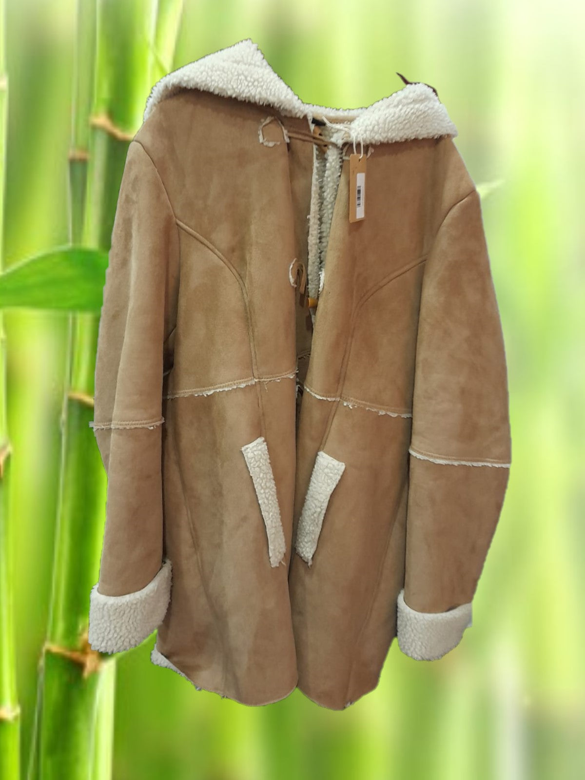 ABRIGO DE ANTE LARGO MARRON CON BOREGUILLO Y CAPUCHA