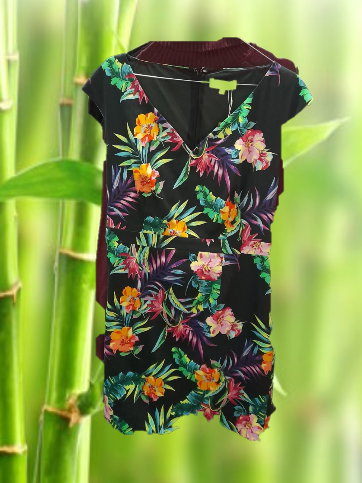 VESTIDO NEGRO MANGA CORTA CON ESTAMPADO TROPICAL