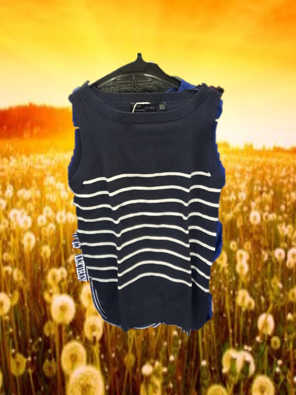 CAMISETA MUJER SIN MANGAS AZUL MARINO DE PUNTO Y RAYAS BLANCAS