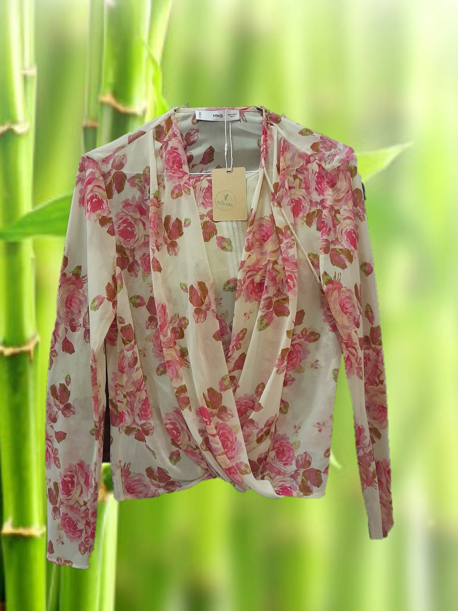 BLUSA MUJER ROSA EN GASA CON ESTAMPADO FLORAL Y MANGA LARGA