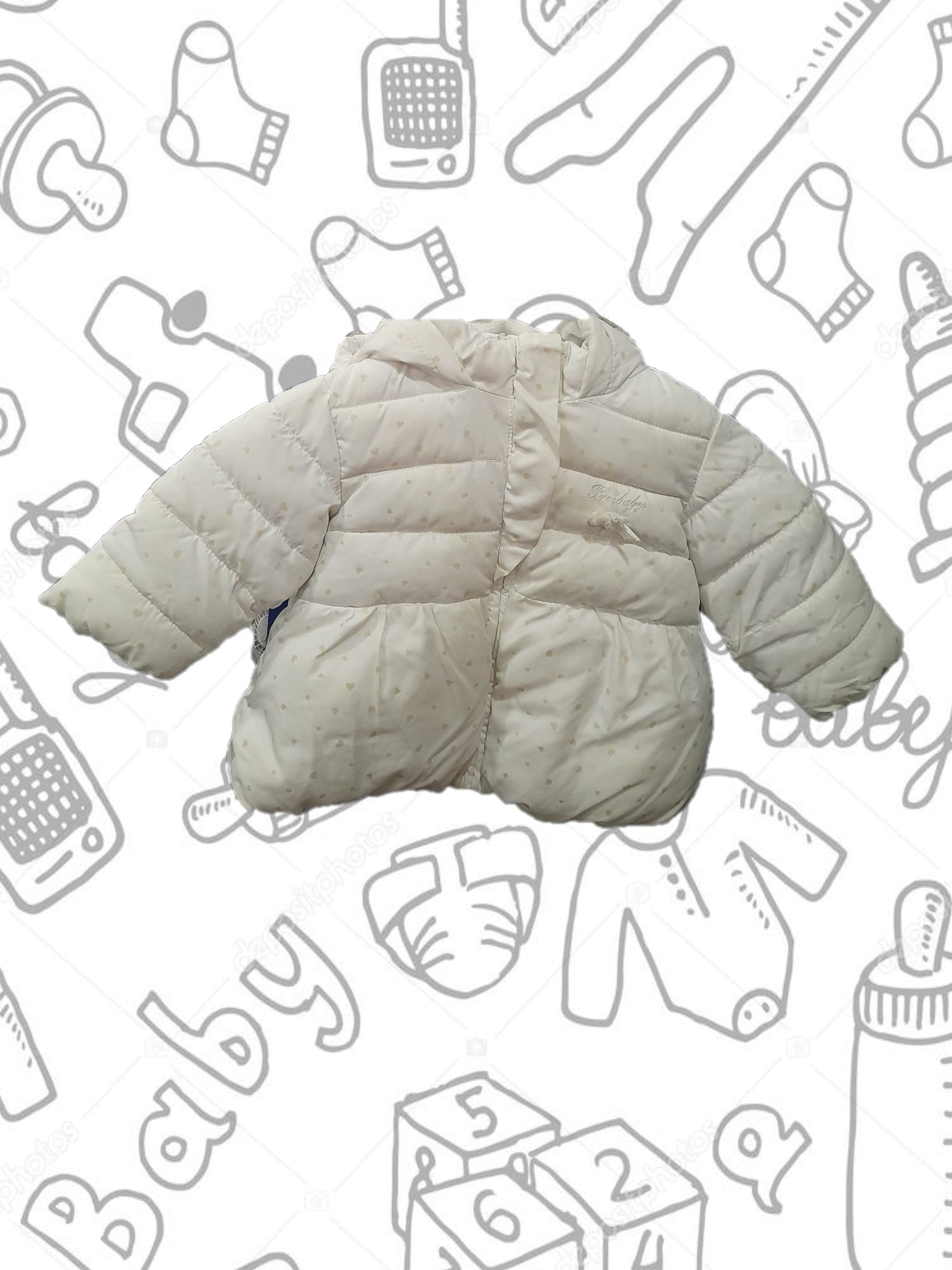 ABRIGO BEBE BLANCO CON ESTAMPADO DE CORAZONES Y CAPUCHA