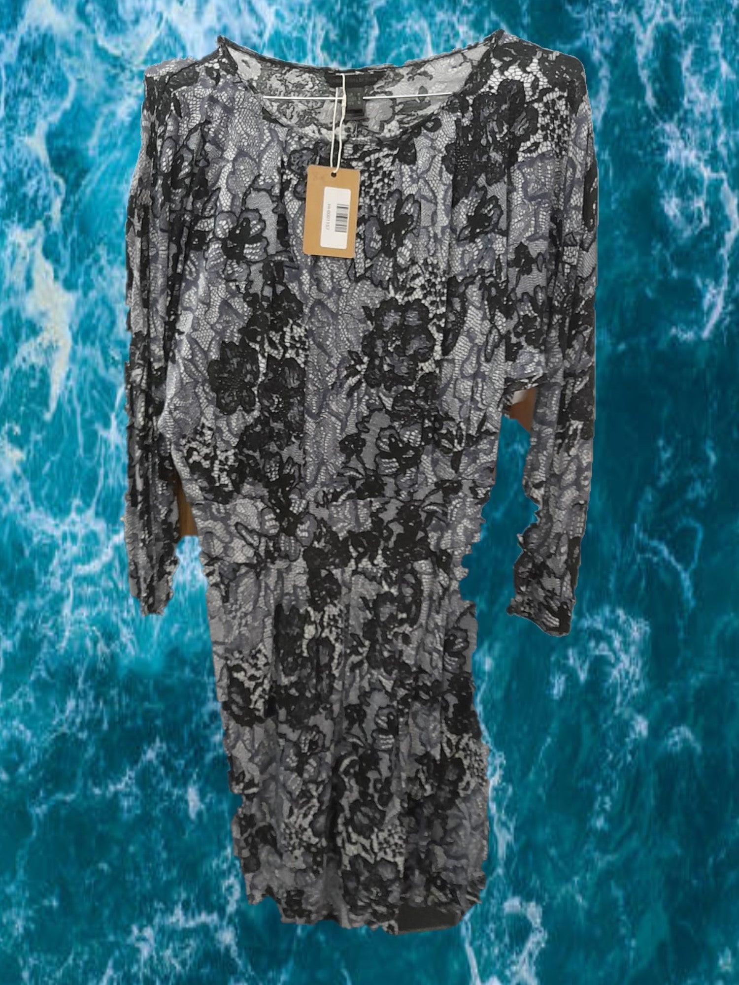 VESTIDO MANGA LARGA MIDI GRIS CON ESTAMPADO FLORAL