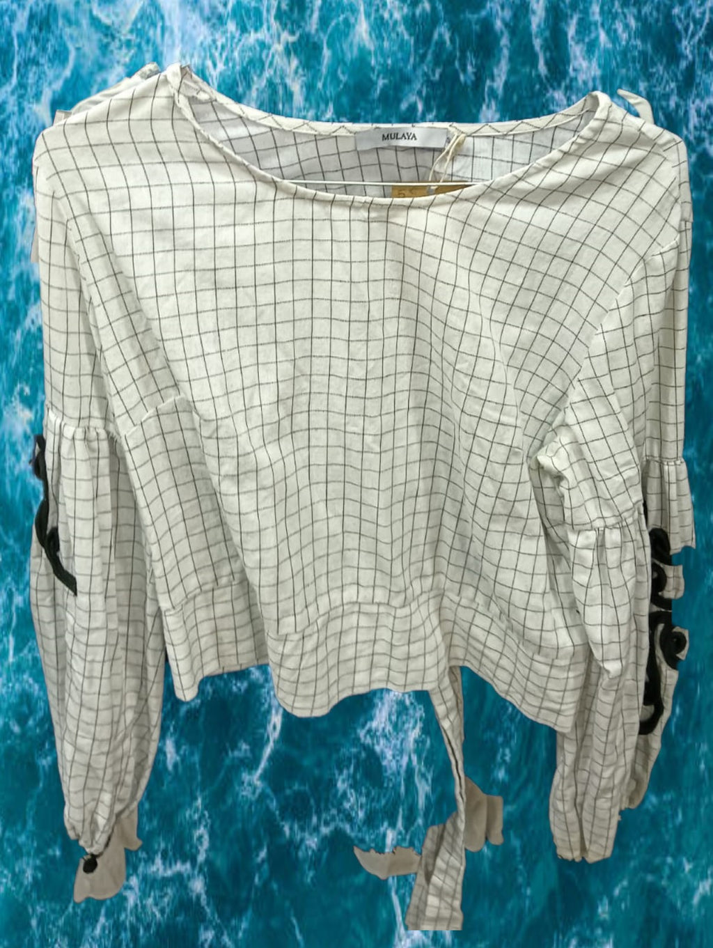 CAMISA MUJER BLANCA CON CUADROS Y BORDADOS EN MANGA LARGA