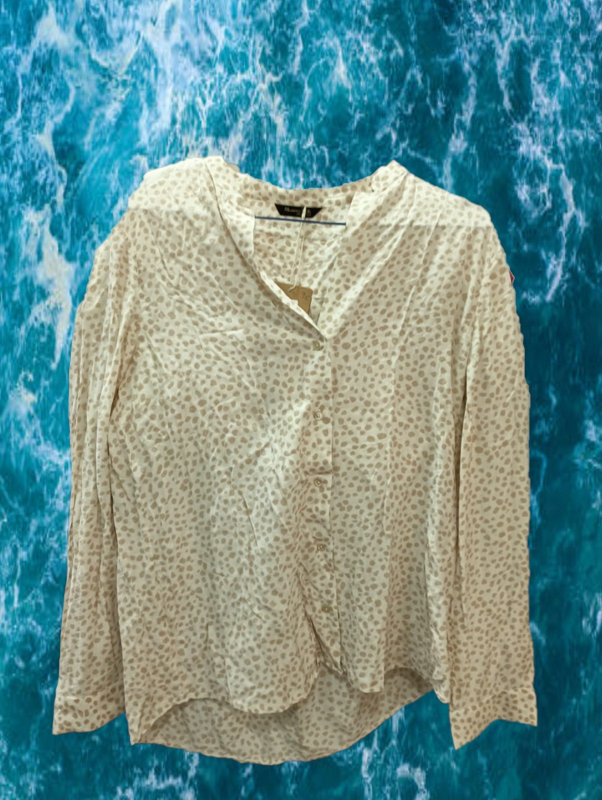 CAMISA MUJER BLANCA CON TOPOS BEIGE MANGA LARGA