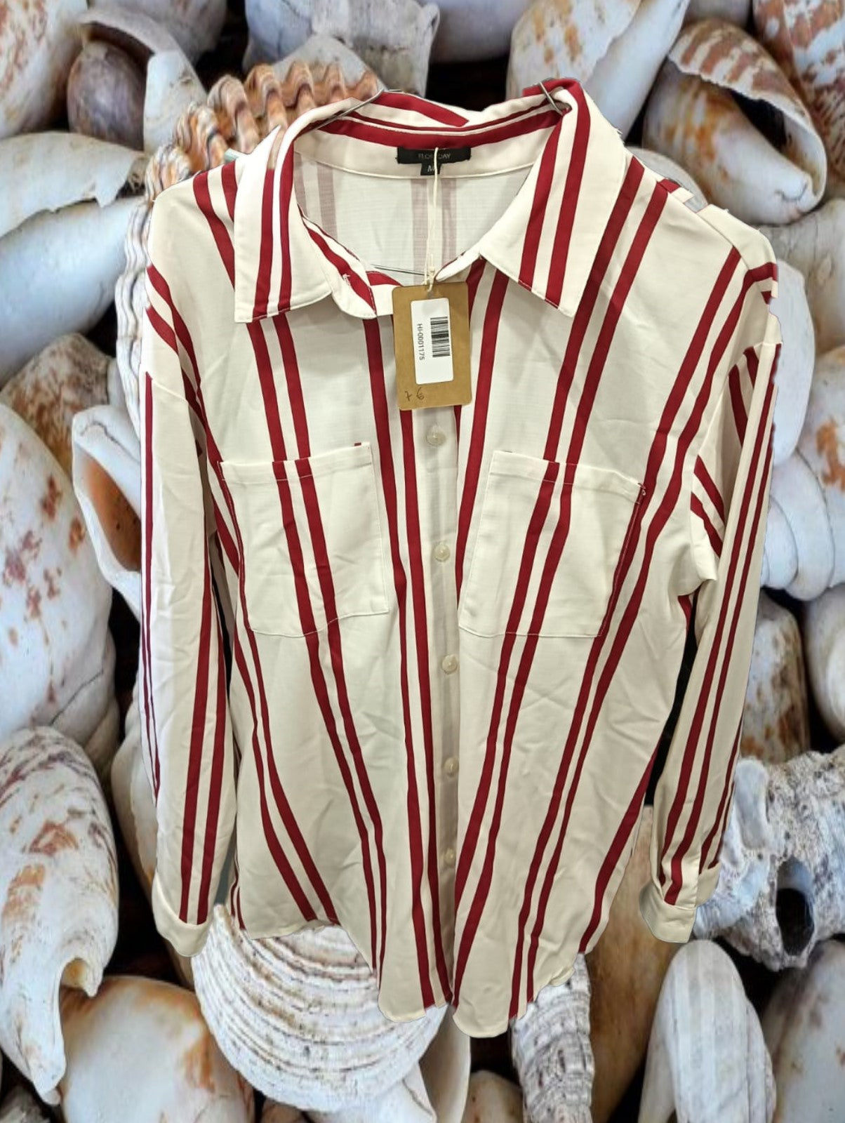 CAMISA MUJER BLANCA CON RAYAS ROSAS MANGA LARGA