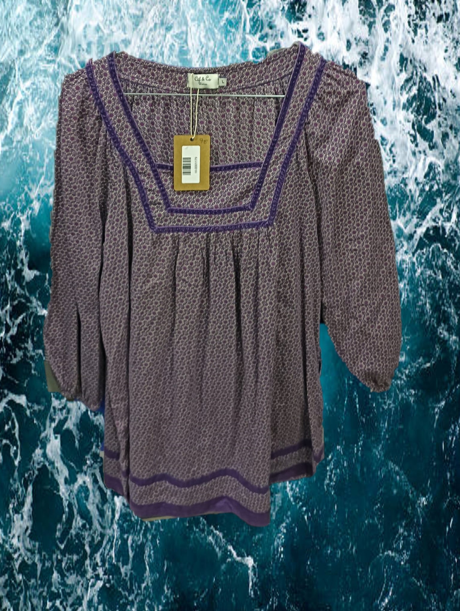 VESTIDO MIDI MORADO CON ESTAMPADO FLORAL Y MANGA LARGA