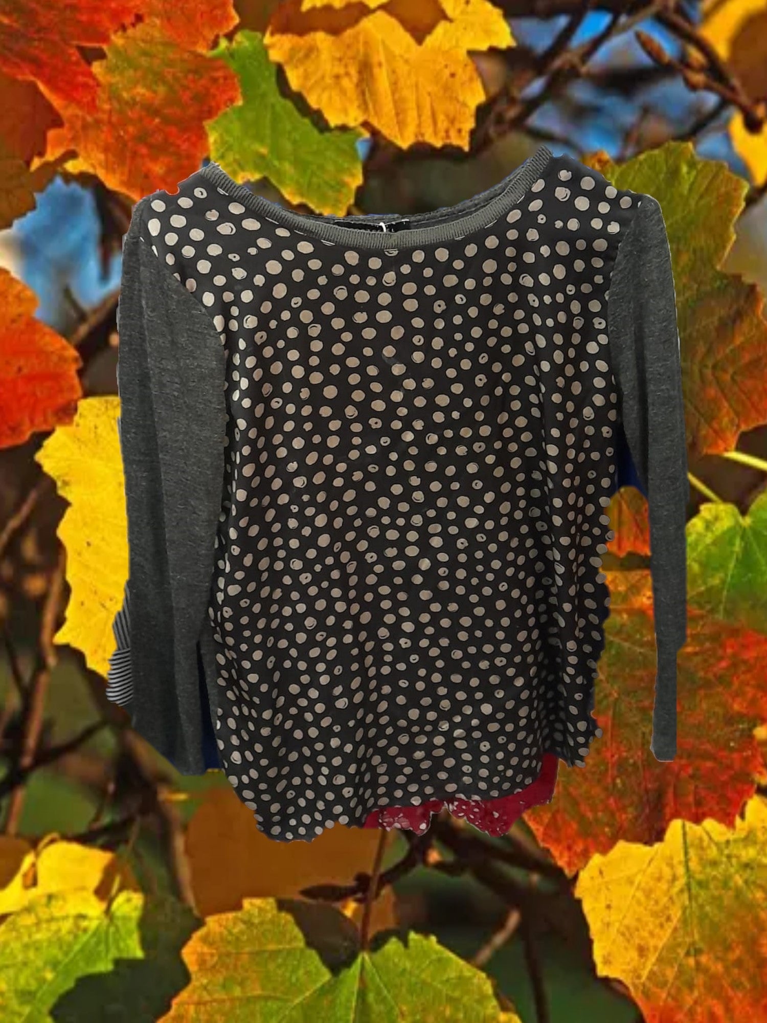 CAMISA MUJER MANGA LARGA GRIS CON LUNARES Y MANGAS EN PUNTO