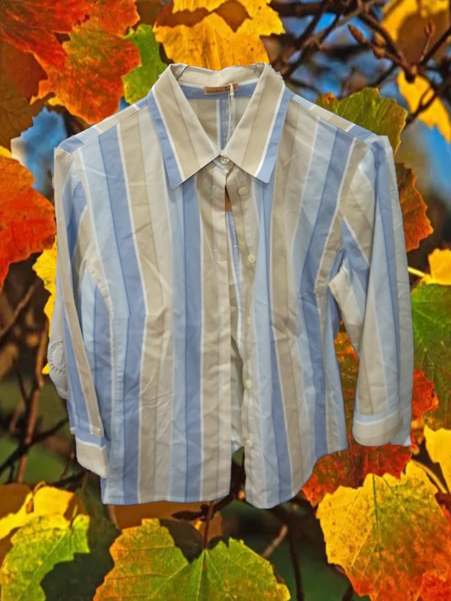 CAMISA MUJER CON RAYAS AZUL Y BEIGE Y MANGA FRANCESA
