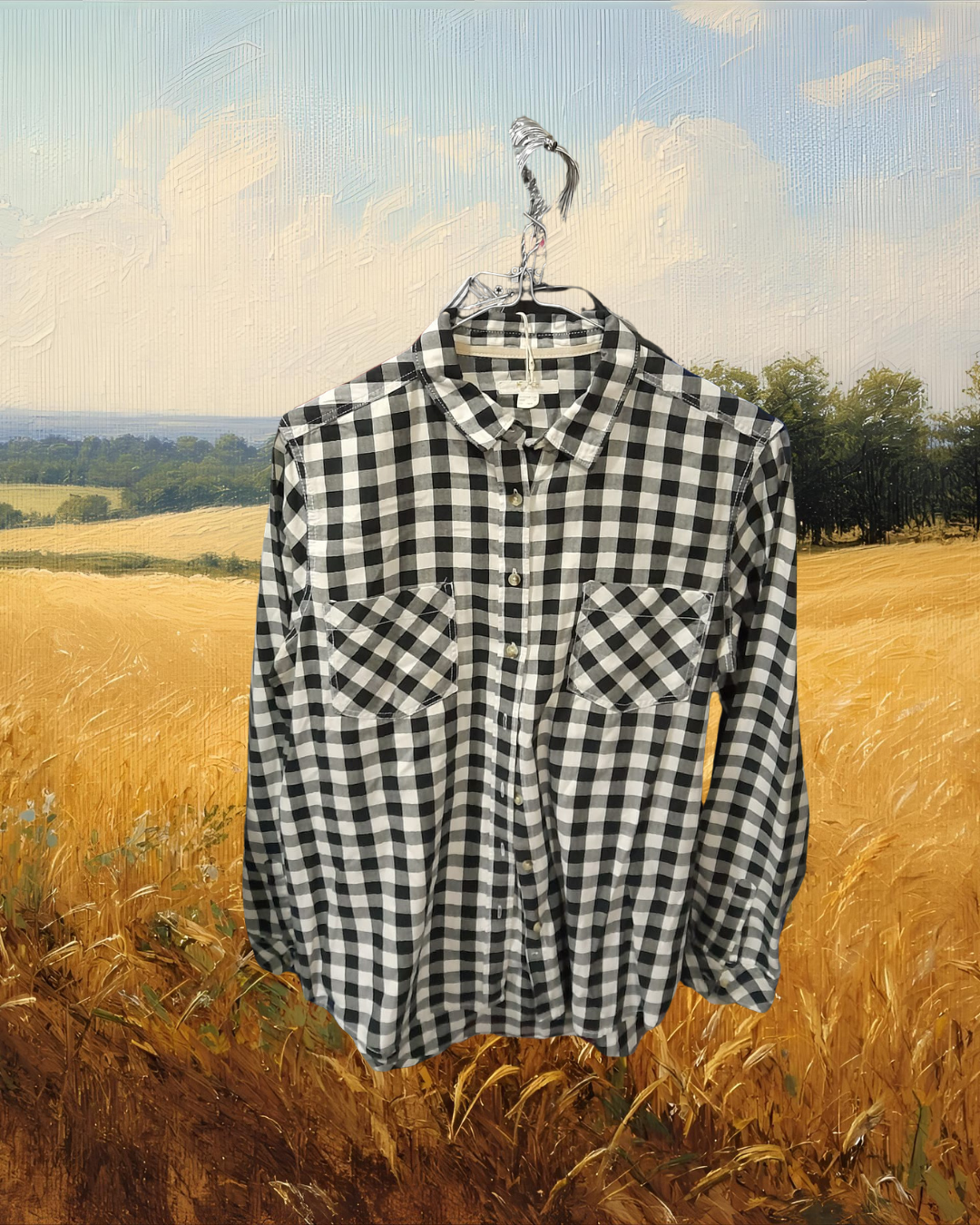 CAMISA HOMBRE MANGA LARGA BLANCA CON CUADROS NEGROS