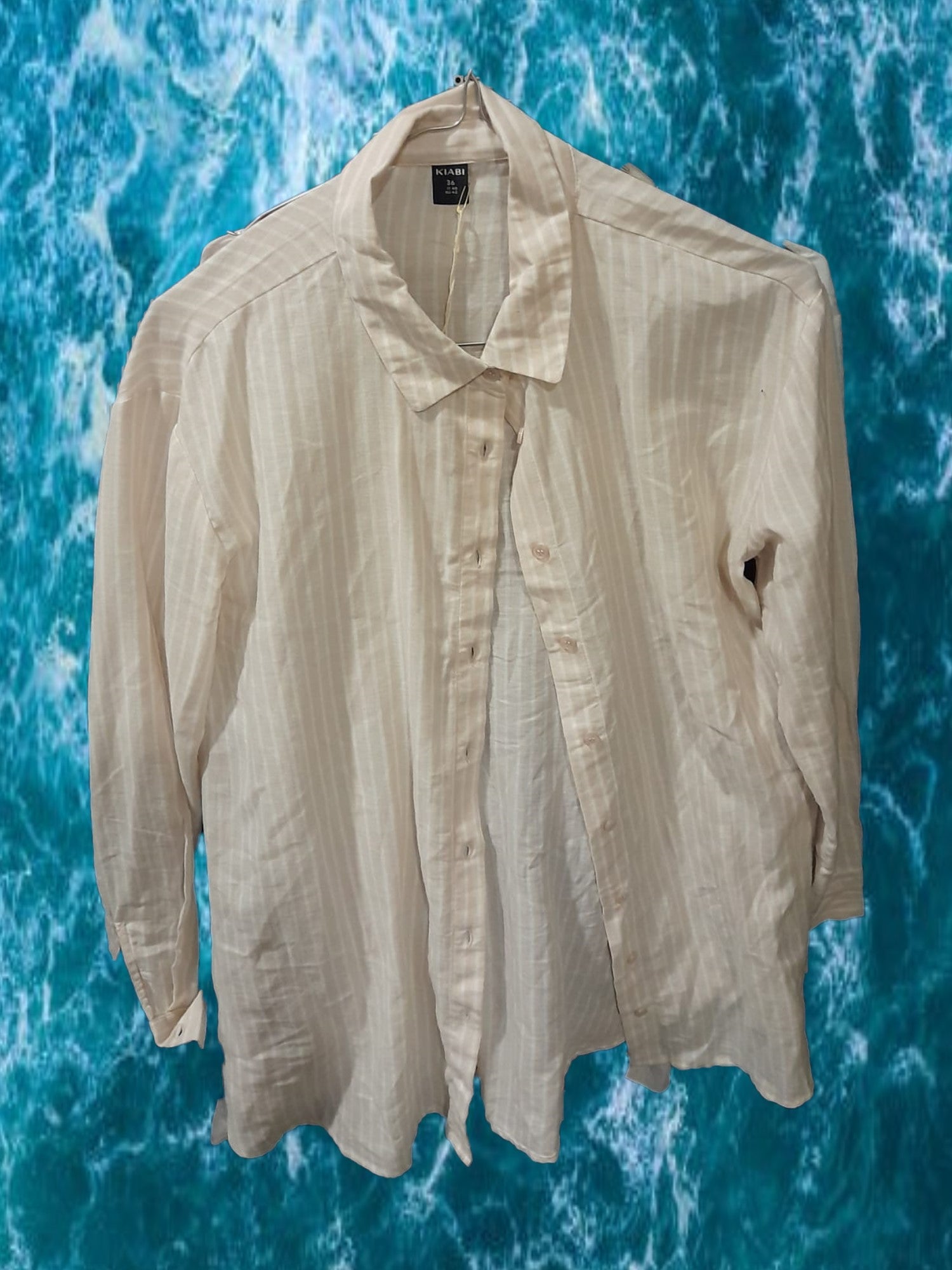 CAMISA MUJER MANGA LARGA BEIGE CON RAYAS BLANCAS