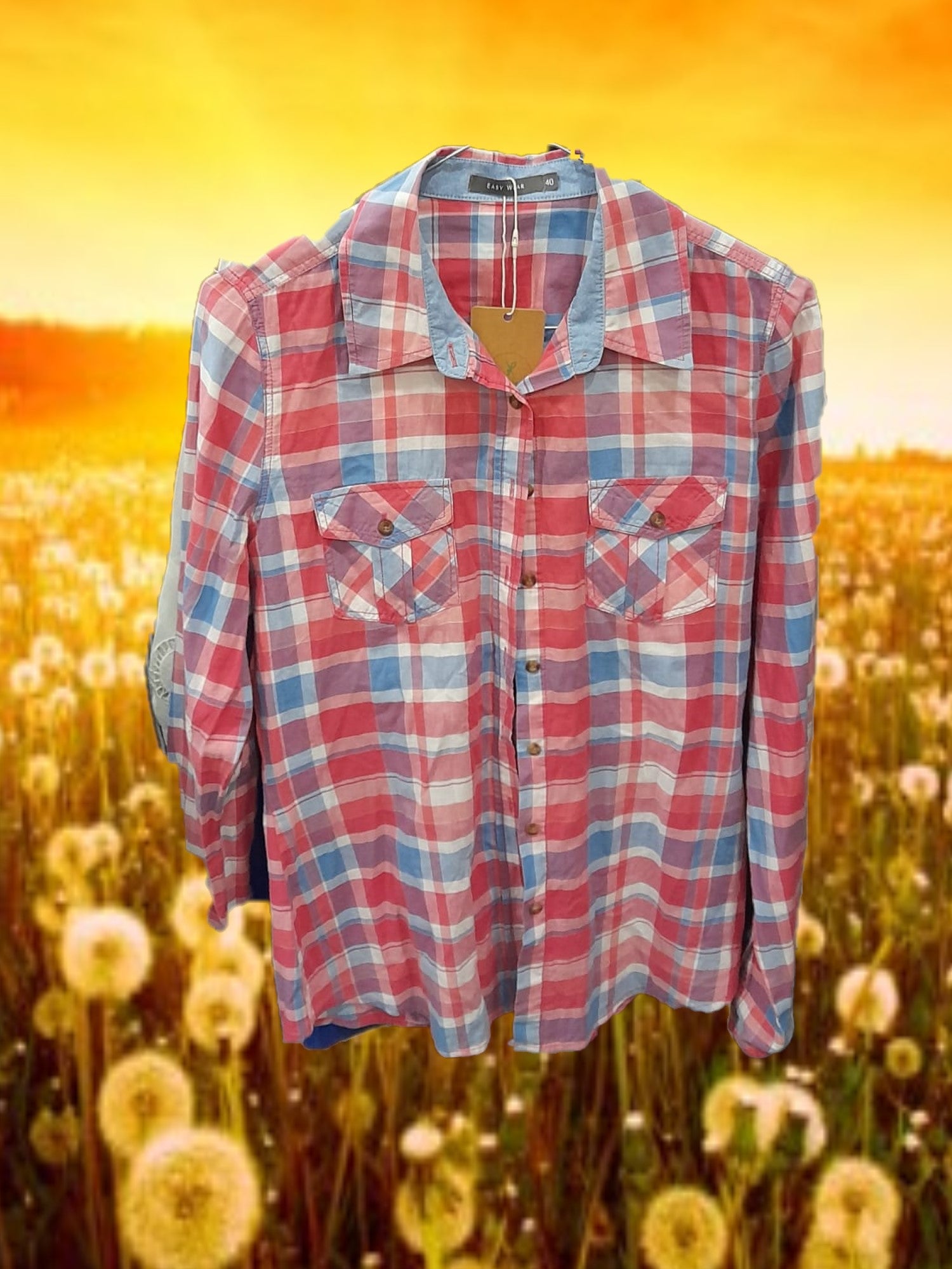 CAMISA HOMBRE MANGA LARGA ROJA CON CUADROS AZULES