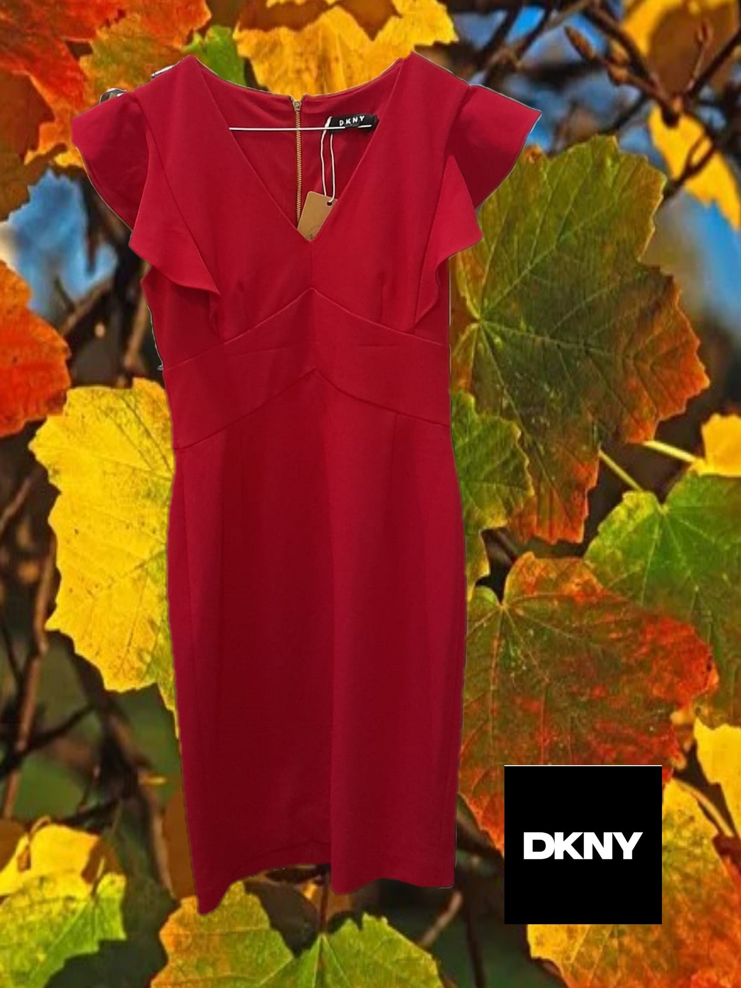 VESTIDO MIDI ROJO CON MANGA CORTA DKNY