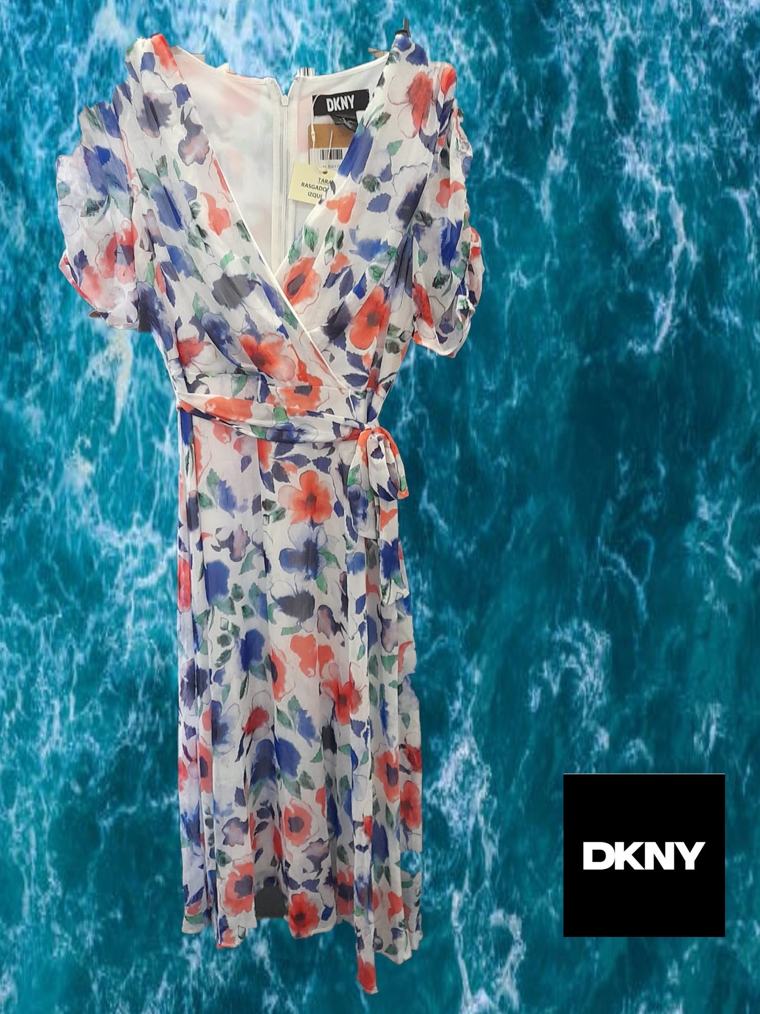 VESTIDO LARGO BLANCO DE GASA CON ESTAMPADO FLORAL Y MANGA FRANCESA FRUNCIDA DKNY ( RASGADO BRAZO IZQUIERDO )