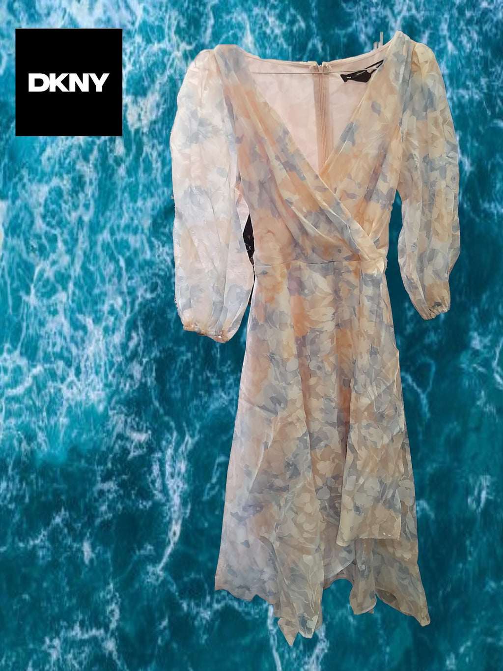 VESTIDO LARGO GASA MANGA LARGA EN TONOS SALMÓN Y AZUL DKNY ( TARA PEQUEÑAS MANCHAS FALDA )