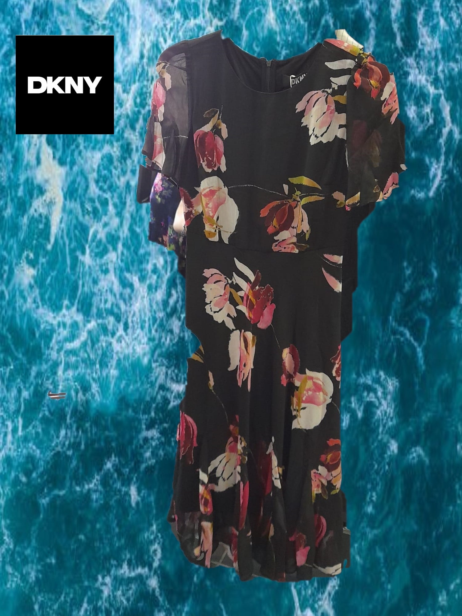 VESTIDO NEGRO LARGO MANGA CORTA CON ESTAMPADO FLORAL DKNY ( TARA FALTA CINTURÓN )