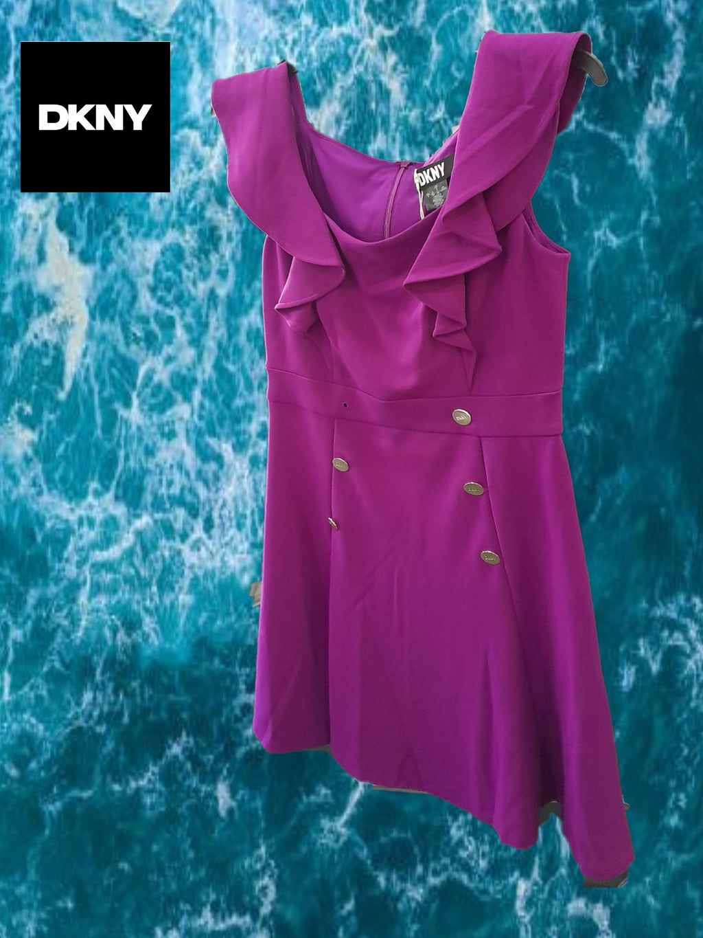 VESTIDO MORADO MIDI CON TIRANTES DKNY( TARA FALTA BOTON )