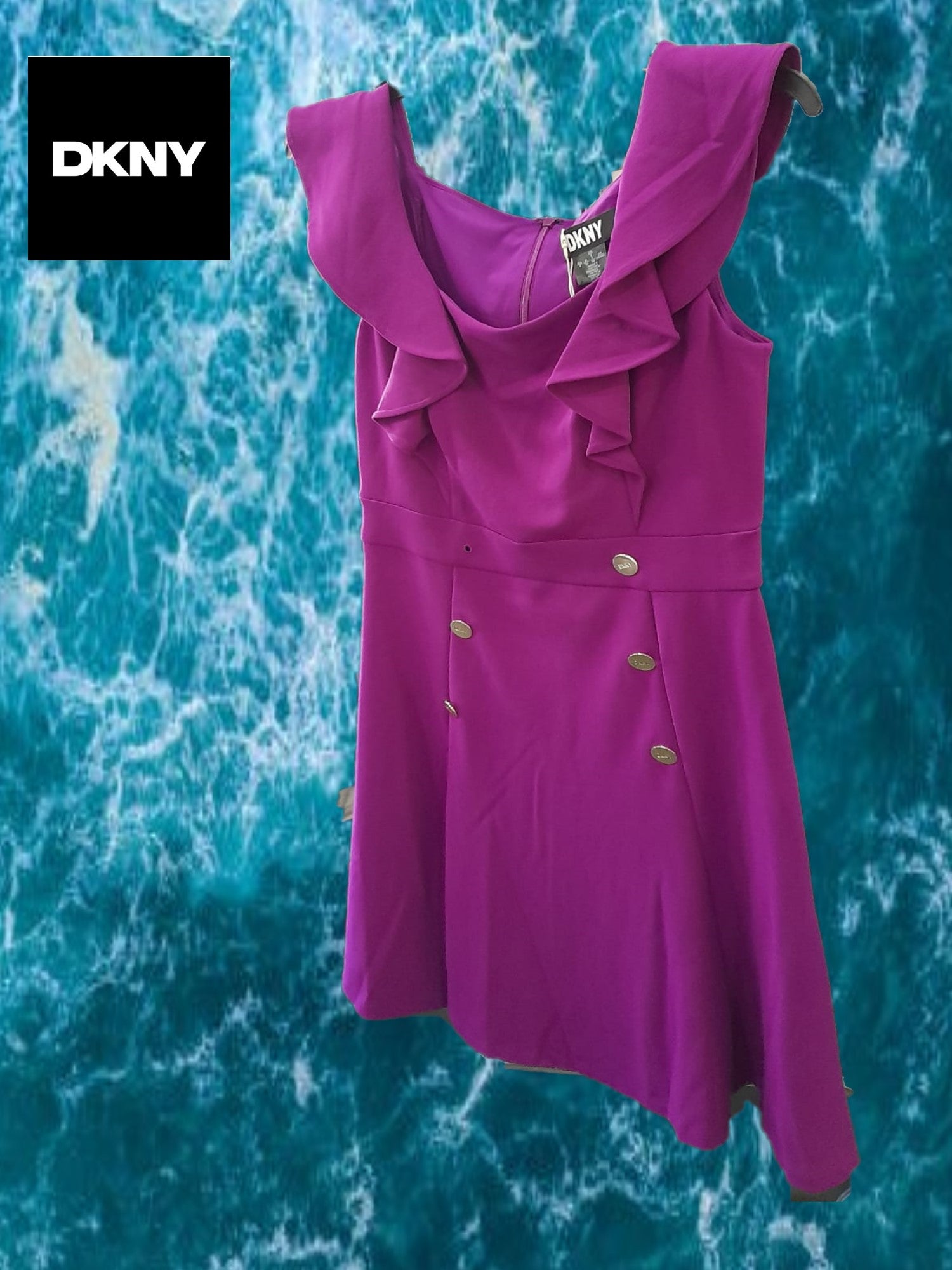 VESTIDO MORADO MIDI CON TIRANTES DKNY( TARA FALTA BOTON )