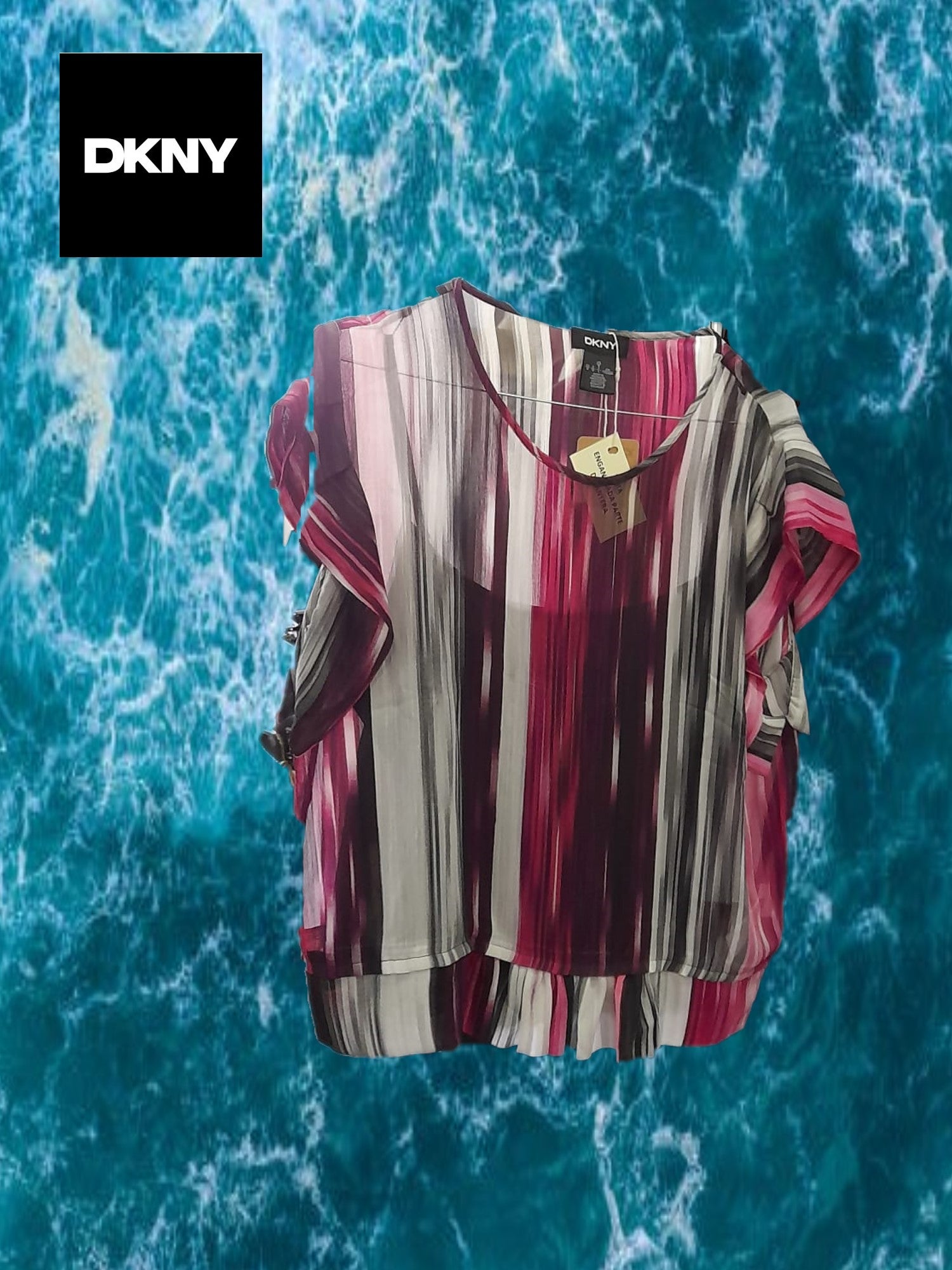 BLUSA MANGA CORTA DE GASA ROSA Y NEGRA DKNY ( TARA ENGANCHADA PARTE DELANTERA )