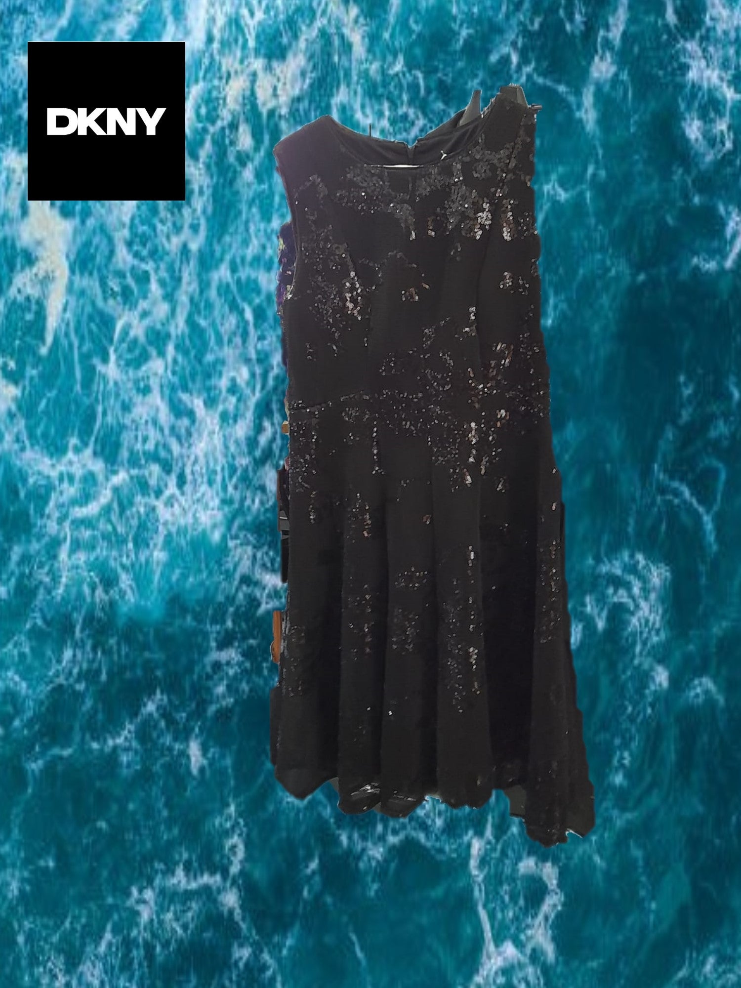 VESTIDO NEGRO LARGO DE FIESTA CON TIRANTES Y TELA TIPO MALLA Y CON LENTEJUELAS DKNY ( TARA DESCOSIDO PARTE TRASERA - DEBAJO CREMALLERA -)
