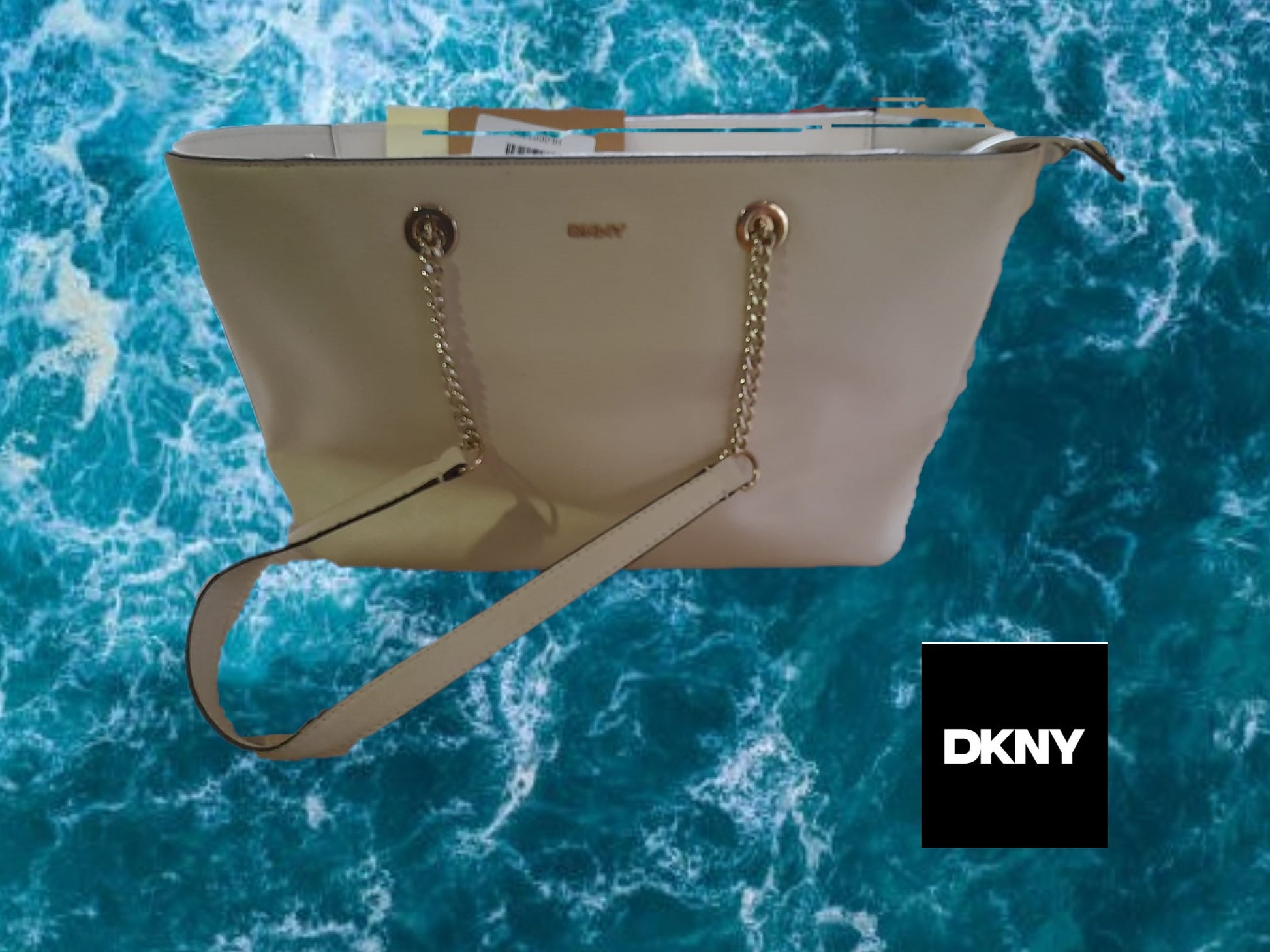 BOLSO BLANCO ROTO GRANDE PIEL DKNY ( TARA ASAS DESGASTADAS )