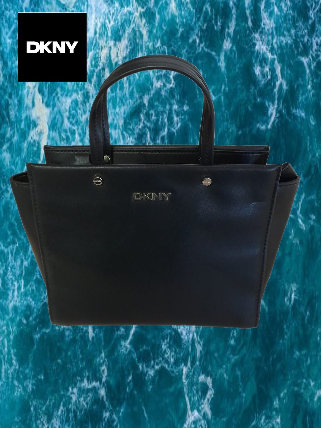 BOLSO PEQUEÑO NEGRO PIEL CON ASAS DE MANO DKNY ( TARA ROTO ENGANCHE ASA Y FALTA ASA LARGA )