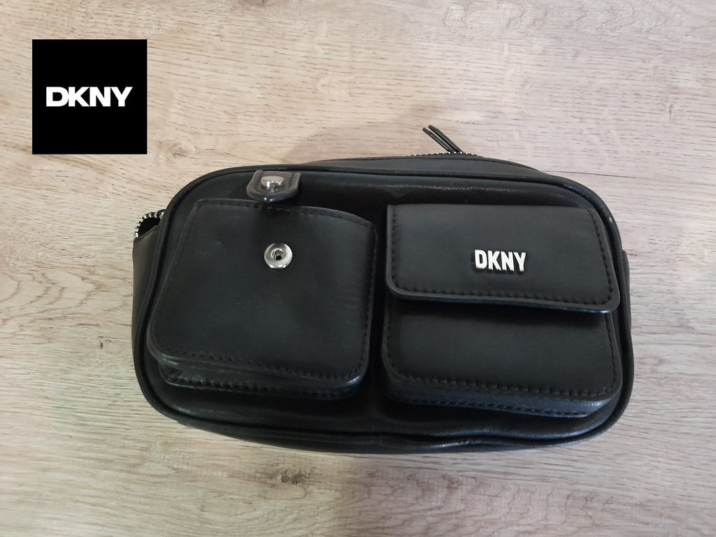 BOLSO PEQUEÑO NEGRO PIEL CON VARIOS COMPARTIMENTOS Y ASA DE TELA DKNY ( TARA ROTO BOTÓN BOLSILLO PEQUEÑO )