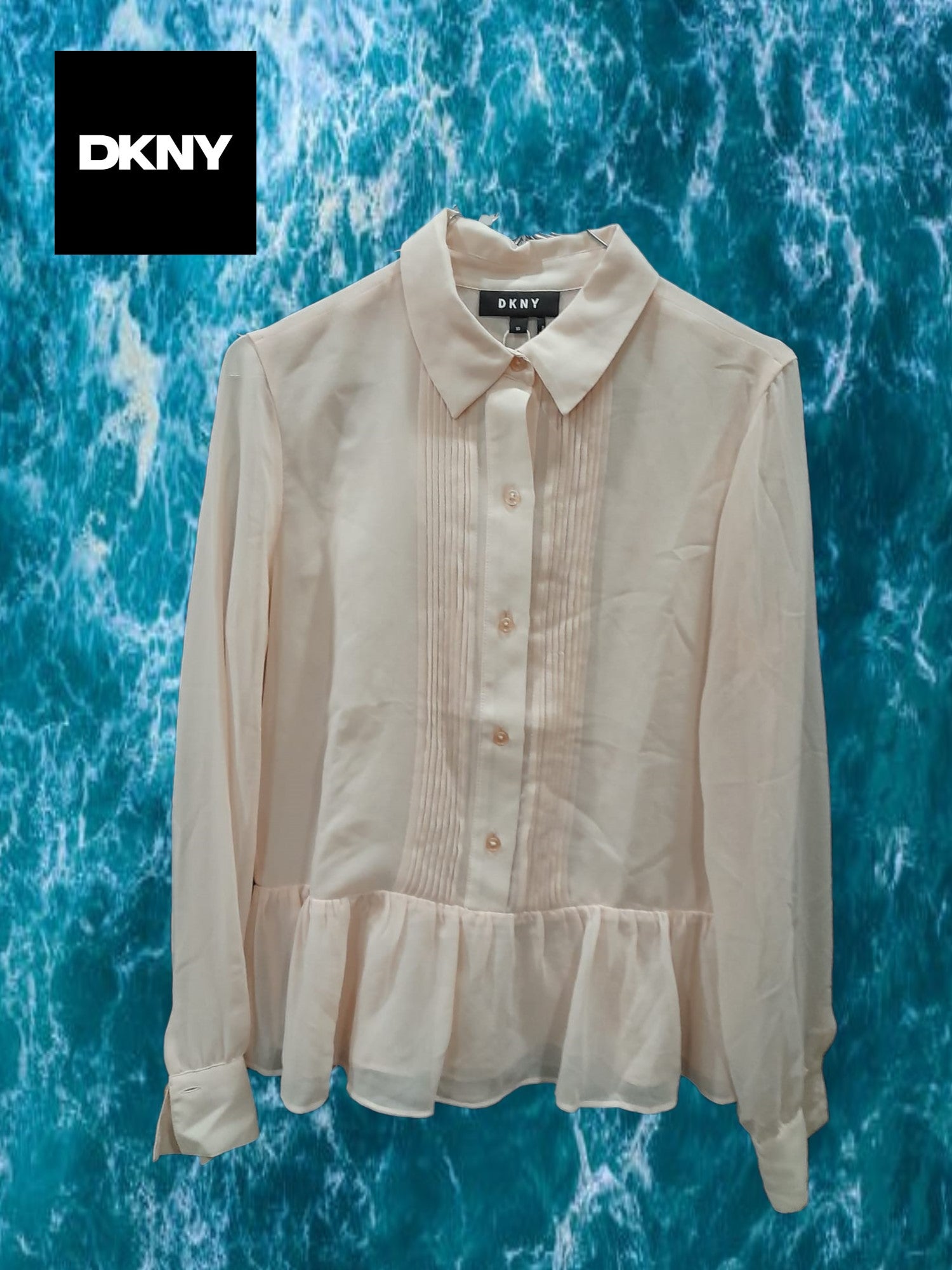 BLUSA  MANGA LARGA DE GASA ROSA PALO Y DETALLES EN PECHO DKNY