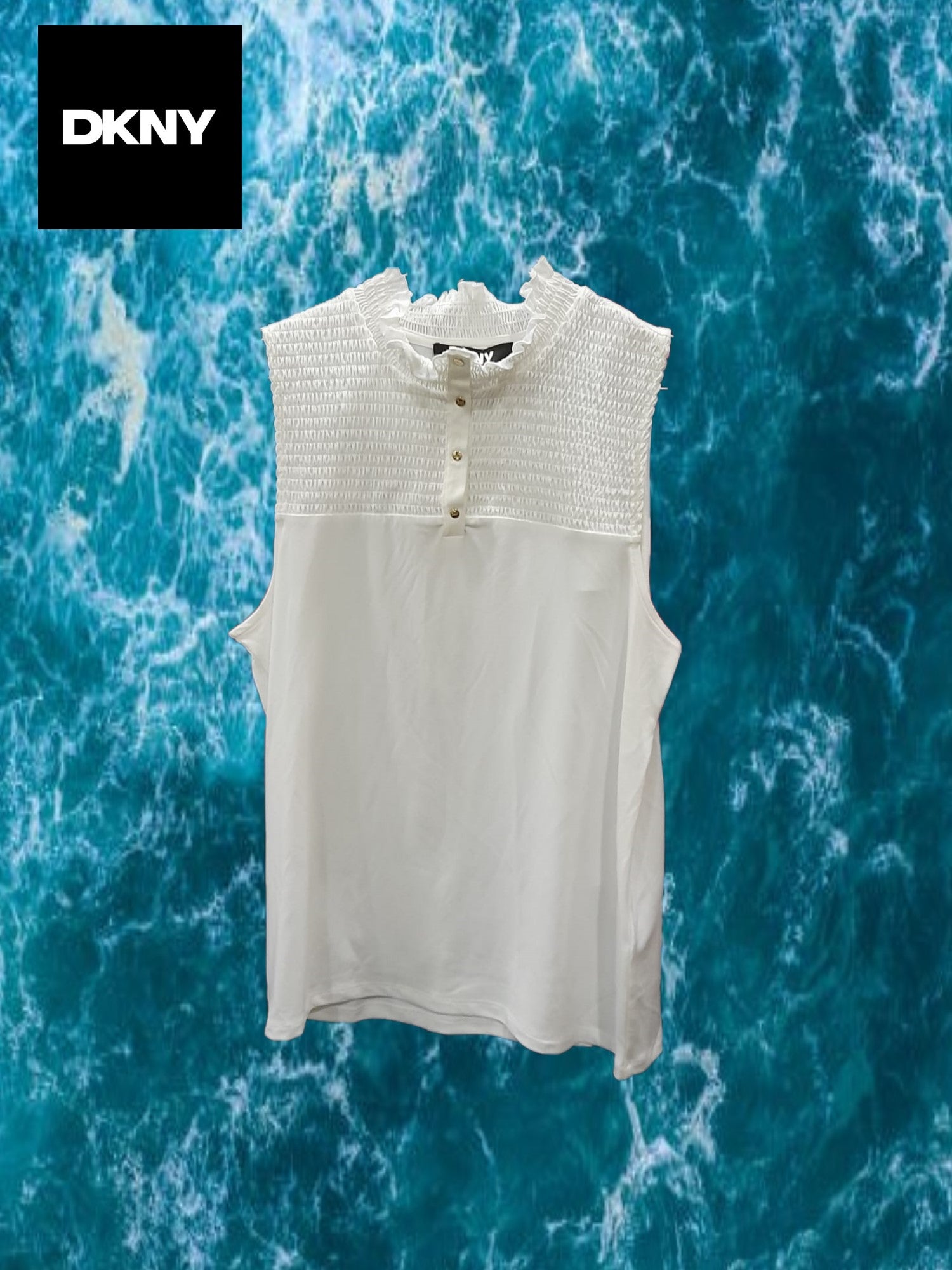 CAMISETA BLANCA SIN MANGAS Y FRUNCIDO EN PECHO DKNY