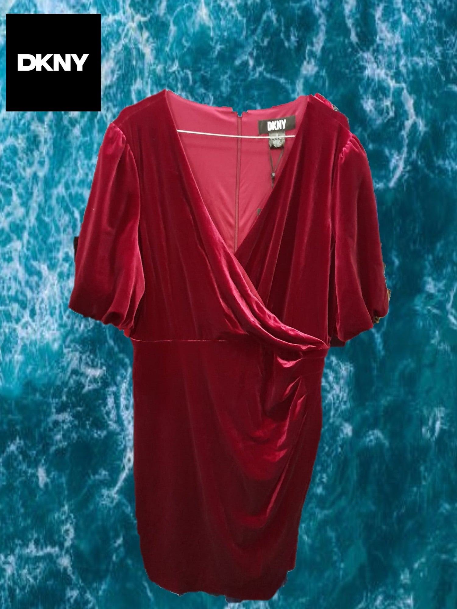 VESTIDO MIDI ROJO TERCIOPELO MEDIA MANGA ABULLONADA Y FRUNCIDO EN CINTURA DKNY