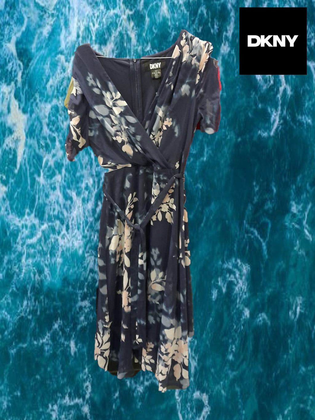 VESTIDO LARGO GASA AZUL MARINO MANGA CORTA CON ESTAMPADO FLORAL Y CINTURON