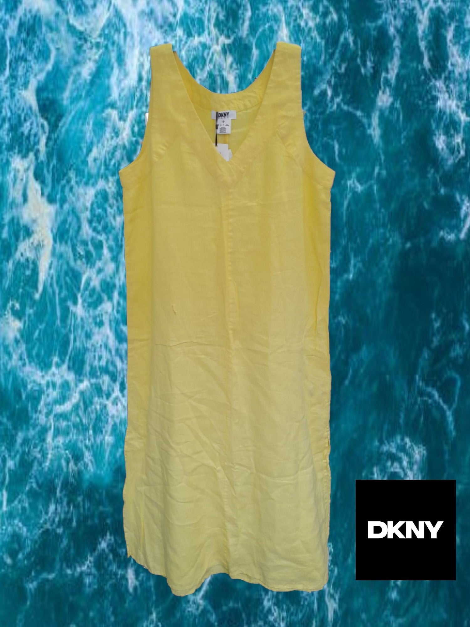 VESTIDO LARGO DE LINO AMARILLO SIN MANGAS DKNY ( TARA ROTO ZONA DELANTERA )