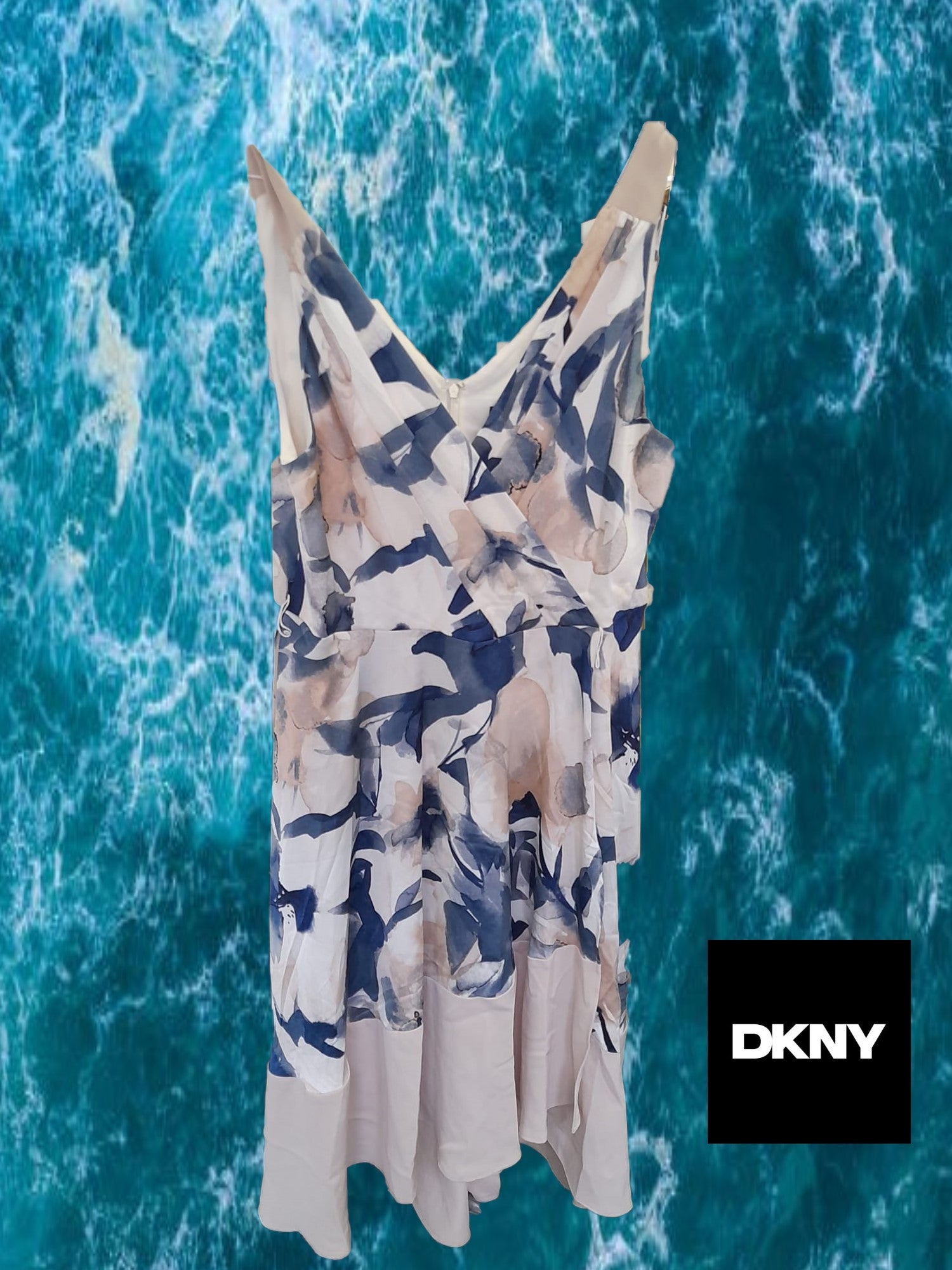 VESTIDO LARGO BEIGE CON ESTAMPADO FLORAL SIN MANGAS DKNY ( TARA FALTA CINTURÓN )
