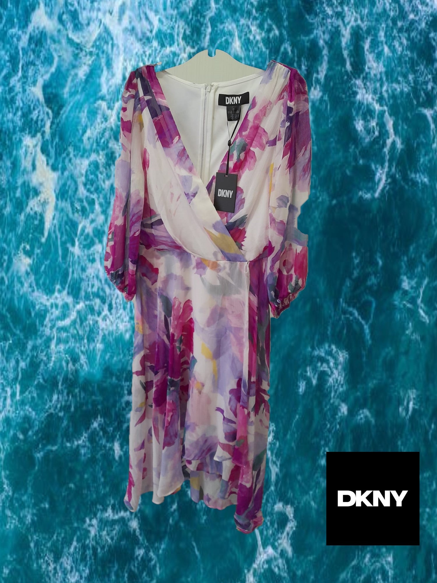 VESTIDO LARGO DE GASA BLANCO CON ESTAMPADO FLORAL Y MANGA LARGA DKNY ( TARA FALTA CINTURÓN )