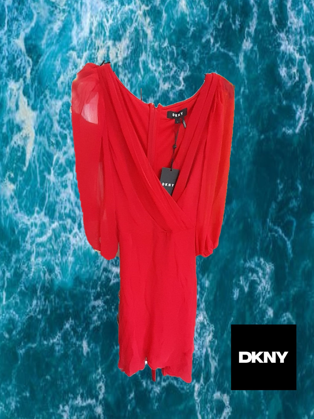 VESTIDO LARGO DE GASA ROJO Y MANGA LARGA DKNY ( TARA ROTA HEBILLA DE CINTURÓN )