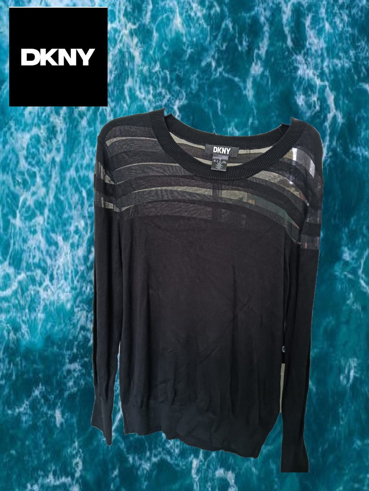 JERSEY NEGRO CON TRANSPARENCIA EN CUELLO MANGA FRANCESA  DKNY