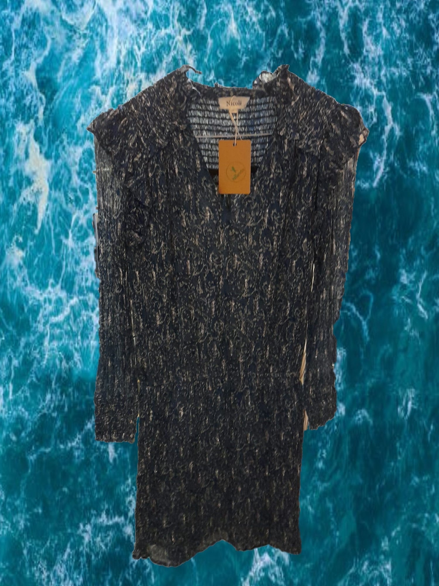VESTIDO AZUL MIDI DE GASA CON ESTAMPADO Y FRUNCIDO EN ESPALDA