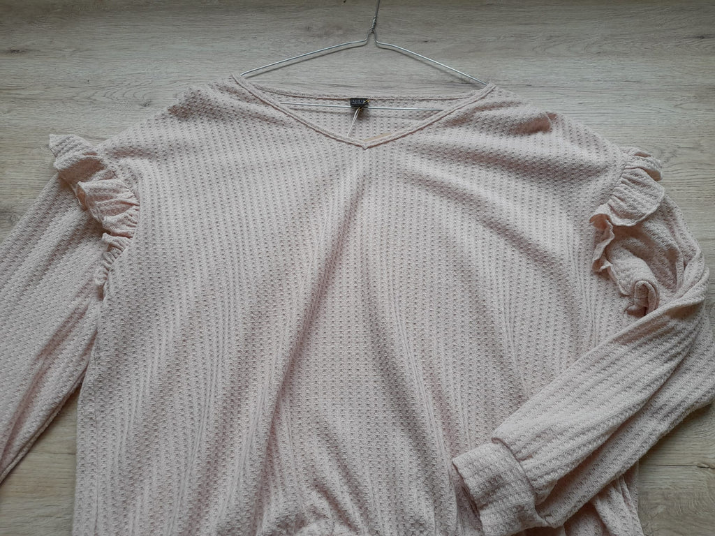 SUDADERA TIPO JERSEY FINO ROSA PALO CON DETALLES DE VOLANTES EN HOMBROS
