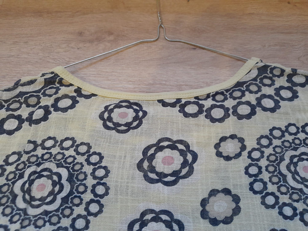 BLUSA  AMARILLA VERANIEGA M/C CON ESTAMPADO Y LENTEJUELAS