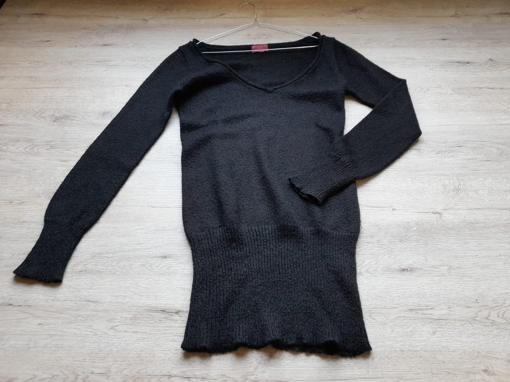 JERSEY MUJER LARGO NEGRO ENTALLADO EN CINTURA CON DETALLES PLATEADOS